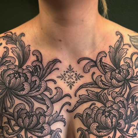 Chest Panel Tattoo, Tattoo Symmetry, Symmetry Tattoo, Chest Piece Tattoo, Law Tattoo, Taboo Tattoo, Art Nouveau Tattoo, Floral Tattoo Shoulder, Nouveau Tattoo