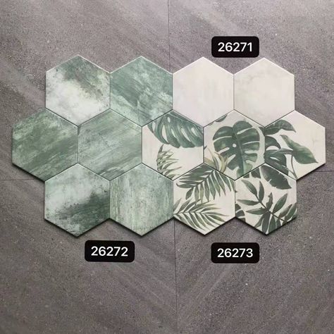 Leaf Tile Floor, Green Hexagon Tile Bathroom, Green Hexagon Tile, Hexagon Tile Bathroom, Ensuite Ideas, Balcony Tiles, Cocina Ideas, Hexagon Tile Floor, Flooring Designs