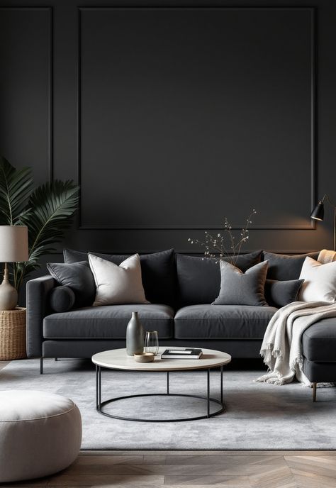 Dark Grey Couch Living Room Ideas Dark Wall With Dark Furniture, Gray Velvet Sofa Living Room Ideas, Dark Grey Velvet Sofa Living Room Ideas, Grey Sofa Grey Walls, Slate Sofa Living Room Ideas, Living Room Charcoal Couch, Grey And White Living Room Ideas Modern, Grey Couch Aesthetic, Dark Gray Walls Living Room