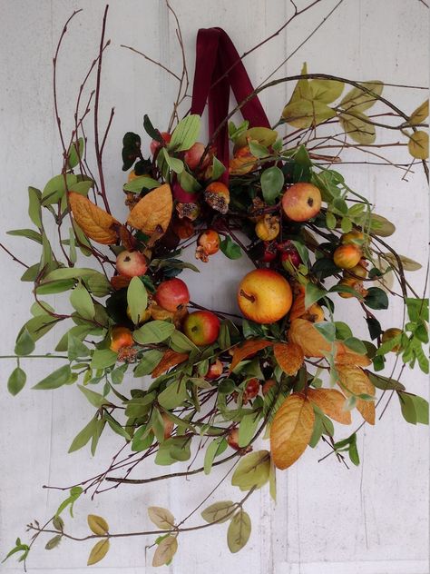 New Apple Orchard Wreath, Crab Apple Wreath, Country Apple Wreath, Cottage Wreath - Etsy Apple Wreath, Fall Decor Wreaths, Floral Door Wreaths, Cottage Wreath, Apple Decorations, Cozy Fall Decor, Crab Apple, Apple Orchard, Orange Roses