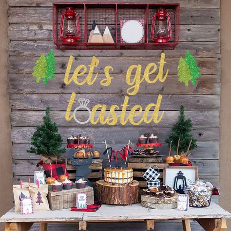 Camping Theme Engagement Party, Cabin Bridal Shower Ideas, Let’s Get Toasted Bachelorette, Mountain Bridal Party, Camping Bach Party, Woodsy Bachelorette Party Ideas, Champs And Camp Bachelorette, Cabin Bachelorette Party Decorations, Log Cabin Bachelorette Party