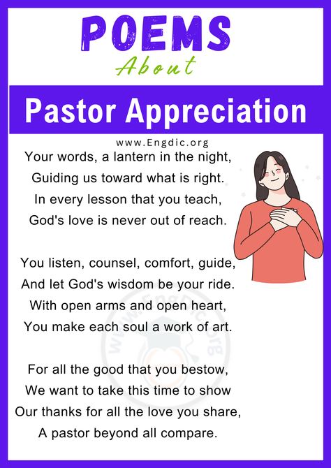 Pastor Appreciation Day is a wonderful occasion to express gratitude for the tireless efforts and spiritual guidance of our pastors. Through their teachings, leadership, and compassion, they inspire and uplift our communities. In this blog post, we’ve gathered ten heartfelt poems that beautifully convey our thanks and admiration for these dedicated individuals. Join us in celebrating the invaluable role pastors play in our lives with these eloquent verses. Short Pastor Appreciation Poem... Thankful Poems, Pastor Appreciation Poems, Appreciation Poem, Pastor Appreciation Quotes, Appreciation Speech, Heartfelt Poems, Pastors Wife Appreciation, Encouraging Poems, Pastor Appreciation Month