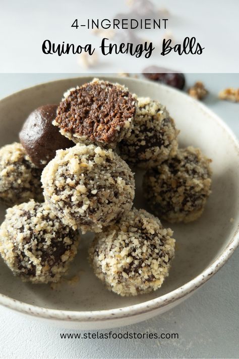 Ideal for active kids and athletes, these bite-sized snacks are packed with wholesome quinoa, rich cocoa, sweet dates, and crunchy walnuts. Satisfy your sweet tooth and boost your energy with my recipe for cocoa quinoa energy balls! #quinoarecipes #easysnacks #energyboosting #energyballs Date Cocoa Energy Balls, Quinoa Protein Balls, Quinoa Energy Balls, Quinoa Snack Recipes, Quinoa Pops Recipes, Pregnancy Energy Balls, Best Energy Balls, Quinoa Dessert Recipes, Quinoa Desserts