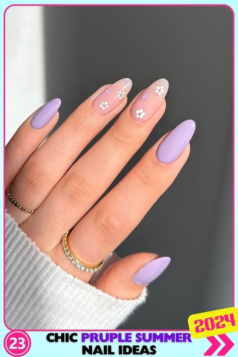 Almond-shaped nails painted in soft purple gel with dainty white floral accents. Simple yet elegant, these purple summer nails are perfect for a minimalist summer look, suitable for any occasion. Pastel Pink Nail Designs, Cute Nail Art Ideas, Summer Almond Nails, Almond Nail Ideas, Almond Shaped Nails Designs, Nail Art Cute, Pink Flower Nails, Pastel Pink Nails, Summer Nails Almond