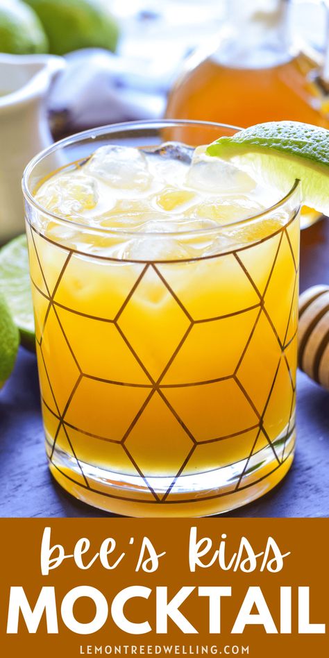 This 3-ingredient mocktail combines the citrusy flavors of orange and lime with a sweet honey simple syrup in a non-alcoholic drink everyone can enjoy! Mock Tails To Order At A Bar, Honey Beverage Recipes, Honey Syrup For Cocktails, Non Alcoholic Mixed Drinks, Fun Mocktail Recipe Fall, Lemon Drop Mocktails, Gold Drinks Non Alcoholic, Bedtime Mocktail Recipe, Honey Drink Recipe