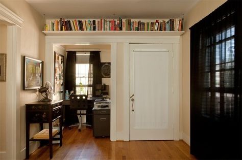 Shelf like this over walk-in closet and nook? Closet would be a few inches shorter inside but just for a bit Book Storage Small Space, Home Library Diy, Shelf Over Door, Storage Apartment, Tiny House Big Living, Ceiling Shelves, Space Apartments, Tiny Apartments, Study Area