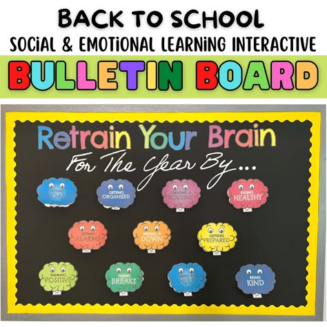 This interactive Printable PDF bulletin board is the perfect way to get students back in the mind frame of returning to school through a little bit of Social & Emotional Learning. This board is all about students retraining their brain for the school year by following 11 different tips to encourage school readiness and being the best versions of themselves. It Includes the following tips; Setting goals, Getting Organized, Creating a Routine, Eating Healthy, Setting Alarms, Writing it Down, Getti Socio Emotional Bulletin Boards, Second Step Bulletin Board, Counselor Bulletin Boards Middle, Back To School Health Bulletin Boards, Counseling Bulletin Boards Middle School, School Social Work Bulletin Boards, Elementary School Counseling Bulletin Boards, School Social Worker Bulletin Board, High School Counselor Bulletin Board