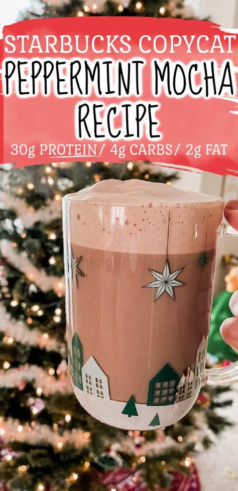 This is a protein packed low carb skinny peppermint mocha copycat recipe! So easy to make Seasonal Coffee Drinks, Starbucks Protein, Peppermint Mocha Creamer, Peppermint Mocha Recipe, Coffee Recipes Hot, Smoothie Recipies, Starbucks Peppermint Mocha, Iced Coffee Protein Shake Recipe, Coffee Recipes Starbucks