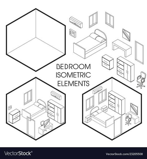 Isometric Room Reference, Bedroom Isometric Drawing, Isometric Drawing Room, Room Base Drawing, Isometric Illustration Room, Isometric Cutaway, Anime Room Illustration, Isometric Art Illustration, Bedroom Isometric