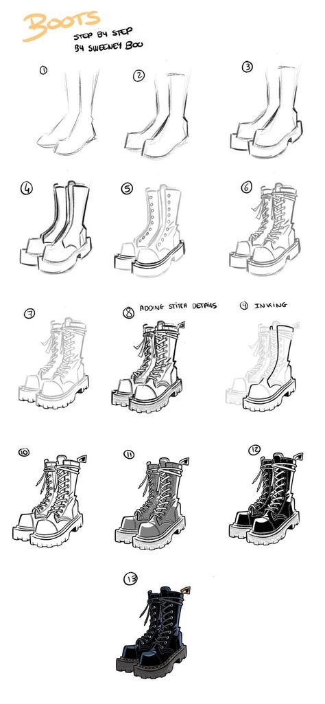 Boots Manga Drawing, Boots Tutorial Drawing, Boot Art Reference, Boots Sketch Drawing, Sweeney Boo Art, Boots Sketch Illustration Fashion, Inktober 2024 Boots, How To Draw Combat Boots, Boots Art Drawing