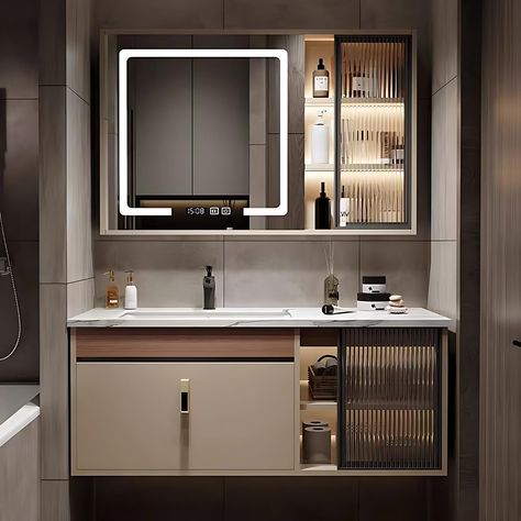 PRICES MAY VARY. Modern bathroom vanity: This bathroom vanity carefully crafted by the designer adopts a coffee color color and is matched with intelligent sensor lighting, making this bathroom vanity suitable for various styles of bathrooms, improving the bathroom experience and making it more fashionable and luxurious. Smart LED defogger mirror: The mirror part of the bathroom vanity adopts advanced electric heating technology. By adjusting the touch button, the water mist after bathing can be Wash Basin Cabinet With Mirror, Vanity For Bathroom Sink, Vanity Designs Bathroom, Bathroom Vanity Design Modern Luxury, Washroom Vanity Designs Modern, Washbasin Vanity Design, Vanity Design Modern, Vanity Design For Bathroom, Bathroom Sink With Storage