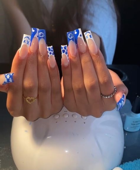 Blue Nail Inspo 2023, Blue And Purple French Tip Nails, Nails Ideas With Rhinestones, Acrylic Nails Ideas Blue, Nail Ideas Blue And White, Pretty Blue Nails Acrylic, Blue Nails Acrylic Design, Acrylic Nail Designs Blue, Long Blue Acrylic Nails