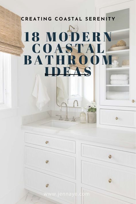 Beach Inspired Bathroom Modern, Coastal Bathroom Gold Hardware, Bathroom Ideas With Brushed Nickel Fixtures, Beach Master Bath Ideas, Modern Costal Bathroom Design, Modern Coastal Bathroom Tile Ideas, Coastal Farmhouse Bathroom Lighting, Bathroom Coastal Modern, Modern Coastal Shower Curtain