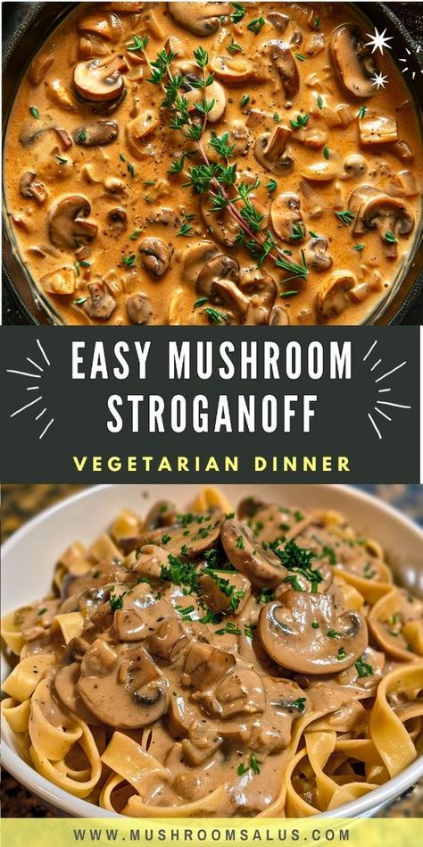 Looking for a delicious and comforting vegetarian dinner idea? Try this Easy Mushroom Stroganoff recipe! Perfect for a cozy fall meal, this creamy dish is loaded with rich flavors and is a must-try for both vegetarians and vegans.   Our Vegan Mushroom Stroganoff uses hearty mushrooms and a luscious sauce, creating the ultimate Mushroom Dish that's both satisfying and easy to make.  Ideal for a One Pot Vegetarian meal that's perfect for a quick weeknight dinner. Check out our recipe and enjoy a warm, comforting dish tonight! Mushroom Dinners Vegetarian, Recipes For Dinner Mushrooms, Vegan Stroganoff Recipe, One Pot Mushroom Stroganoff, Easy Vegetarian Recipes For One, Cozy Vegetarian Recipes, Quick Dinner Ideas Vegan, Dinner Ideas Mushrooms, Fall Meals Dairy Free