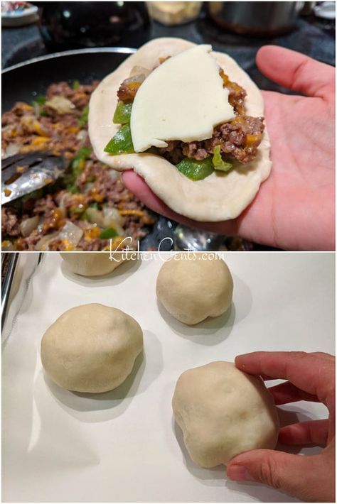 Stuffed Philly Cheesesteak Rolls perfect for game day | Kitchen Cents Philly Cheesesteak Biscuits, Philly Cheesesteak Stuffed Biscuits, Stuffed Rhodes Rolls Recipes, Stuffed Dough Recipes, Runzas With Rhodes Rolls, Meat Stuffed Bread Rolls, Stuffed Cresent Roll, Handheld Food Ideas, Stuffed Rolls Recipe