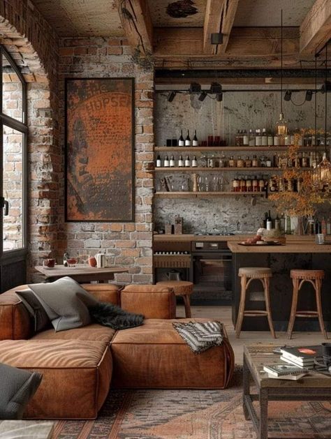 Industrial Style Loft Apartment, Industrial And Wood Decor, Wood Furniture Color Ideas, Artsy Loft Interior Design, Mill Loft Apartment Decor, Urban Design Interior, Industrial Loft Floor Plans, Rustic Modern Design, Industrial Rustic Interior Design