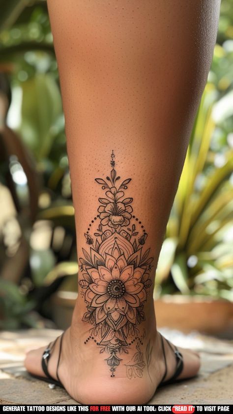 Living Life Tattoos Ideas, Made In Tattoo Ideas, Tattoos For Legs Woman, Women’s Leg Tattoos, Ankle Mandala Tattoo, Back Of The Leg Tattoos For Women, Back Ankle Tattoo, Tattoo For Ankle, Flower Ankle Tattoos