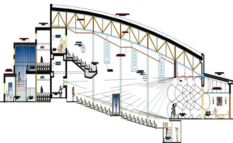 Elevation design of auditorium dwg file Auditorium Design Exterior Architecture, Theatre Elevation, Auditorium Design Exterior, Auditorium Elevation, Auditorium Plan, Theatre Architecture, Auditorium Architecture, Front Elevation Design, Church Building Design