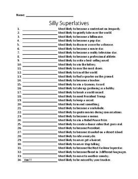 Students love nominating their classmates for Superlative Awards.  This handout includes a list of 33 superlatives that students can complete about their classmates.  Some examples include:  most likely to never get a haircut or most likely to never stop talking.  This is a great, fun end of school year activity. Friend Awards Funny, Most Likely To Yearbook Senior Superlatives, 5th Grade Superlatives, Swim Superlatives, Middle School Superlatives, Kindergarten Superlatives, Middle School Awards Ideas, Most Likely To Awards Work, Dance Team Superlatives