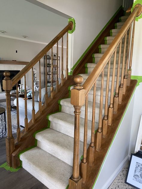 Painting Wooden Stairs, Staircase Update, Staircase Banister Ideas, Stained Staircase, Painted Wood Stairs, Painted Banister, Modern Farmhouse Staircase, Painted Stair Railings, Wooden Staircase Railing