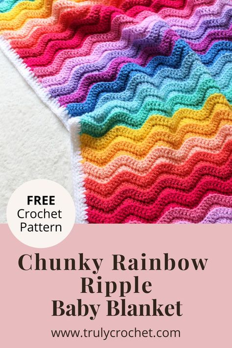 This chunky rainbow ripple baby blanket is so bright and beautiful and is such a fun free crochet pattern! This crochet baby blanket pattern is made using two strands of DK yarn held together to give it a lovely chunky feel. Free beginner friendly crochet pattern by Truly crochet, follow us on Pinterest for all the latest free patterns. Rainbow Ripple Baby Blanket Free Crochet, Ripple Crochet Blanket Pattern Free, Crochet Ripple Stitch Pattern, Rainbow Knitted Blanket, Dk Yarn Knit Patterns, Bright Crochet Blanket, Free Rainbow Crochet Patterns, Dk Crochet Patterns Free, Rainbow Crochet Blankets