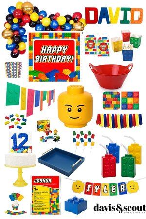 Lego Party Hat, Lego Party Balloons, Lego Race Car, Colorful Balloon Arch, Lego Favors, Lego Balloons, Lego Candy, Lego Themed Party, Lego Birthday Cake