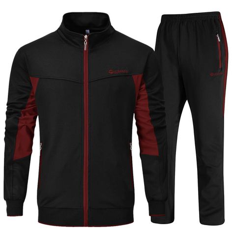 PRICES MAY VARY. 95% Polyester, 5% Spandex Machine wash. Season: Spring,Autumn,Winter Zipper closure Hand Wash Only YSENTO Mens Jogging Suits Sets/Tracksuits for Men/Sweatsuits for Men/Mens 2 piece sweat suits/Men workout & training suits Features: stand collar jacket,full zip jacket,stretchy jacket hem,long sleeve jacket Zipper Pockets---Two side hand zipper pockets on jacket and pants for keeping Phones,Keys,Money from falling out when running Elastic Waist---Matching pants have elastic ribbed Tracksuits Outfits, Mens Sweat Suits, Mens Jogging Suits, Tracksuits For Men, Jogging Suits, Black Tracksuit, Sweat Suits, Track Pants Mens, Track Suits