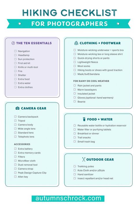 Have you ever forgotten to pack something for your photo adventures? Or maybe you’re just getting started and aren’t sure what all to bring with you? If I didn’t make packing lists, I’d forget my camera… and everything else. 🙈 I figured there must be others out there like me, so I put together my day hiking checklist created specifically for photographers! Hiking Checklist, Day Hiking, Camera Backpack, Packing Lists, Camera Gear, First Aid Kit, Day Hike, Clothing Essentials, My Day