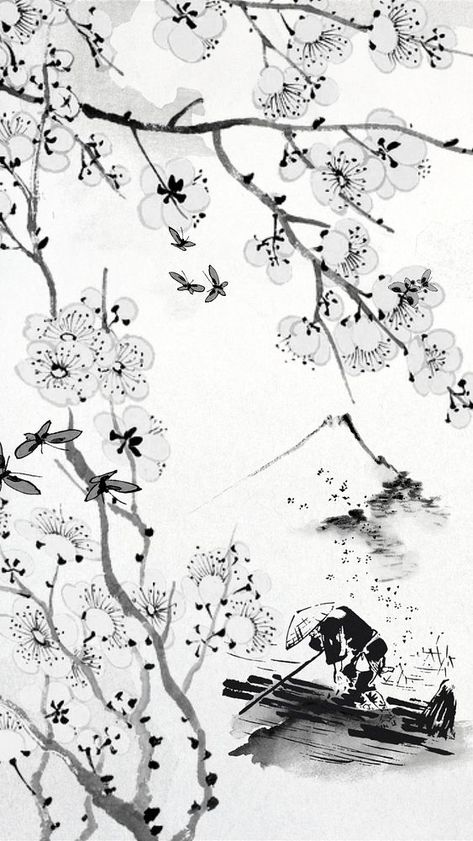 Cherry Blossom Iphone Wallpaper, Flower Cherry Blossom, Cherry Blossoms Illustration, Cherry Blossom Wallpaper, Android Wallpaper Art, Elements Design, White Cherry Blossom, Flowers Illustration, Black And White Background