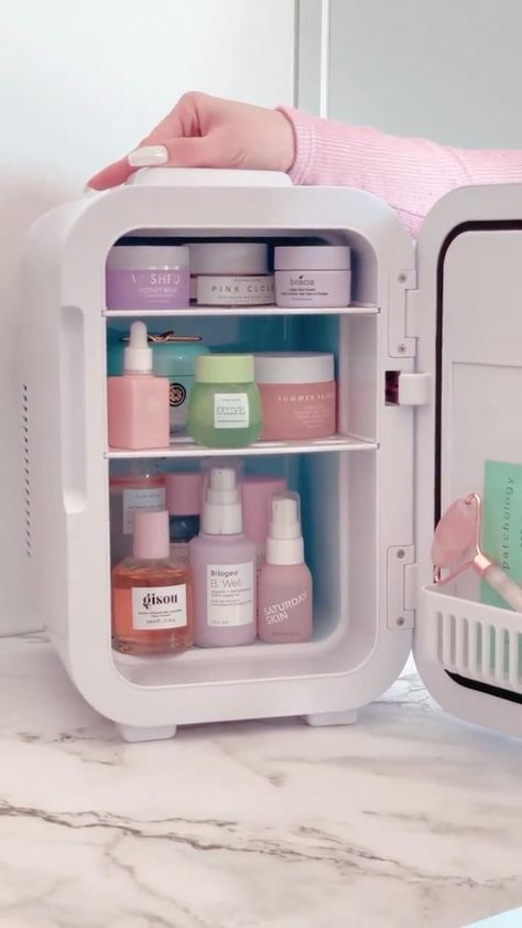 The LED Mirror Cosmetics Fridge in action Mini Fridge In Bedroom Aesthetic, Mini Fridge In Bedroom, Skincare Fridge, Sephora Skin Care, Instagram Friends, Mini Fridges, Room Redesign, Fridge Organization, Best Skincare