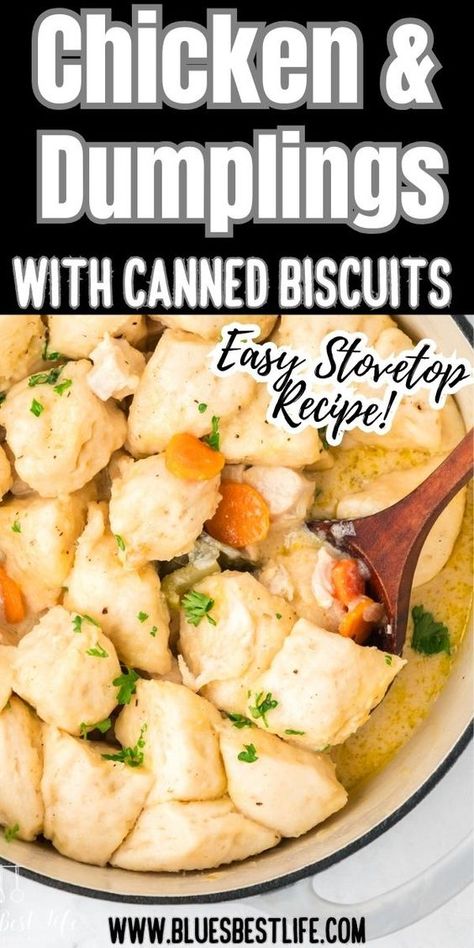 Learn how to make this easy chicken and dumplings with canned biscuits recipe on the stove top. This homemade dinner comes together in just 45 minutes and is the ultimate comfort dinner! This easy chicken recipe is one the whole family will love! Chicken And Dumplings Pillsbury, Dumplings With Canned Biscuits, Soft Dumplings, Chicken And Dumplings Recipe With Biscuits, Biscuit Chicken And Dumplings, Dumplings With Biscuits, Chicken And Dumplings With Biscuits, Easy Chicken Dumpling Recipes, Quick Chicken And Dumplings