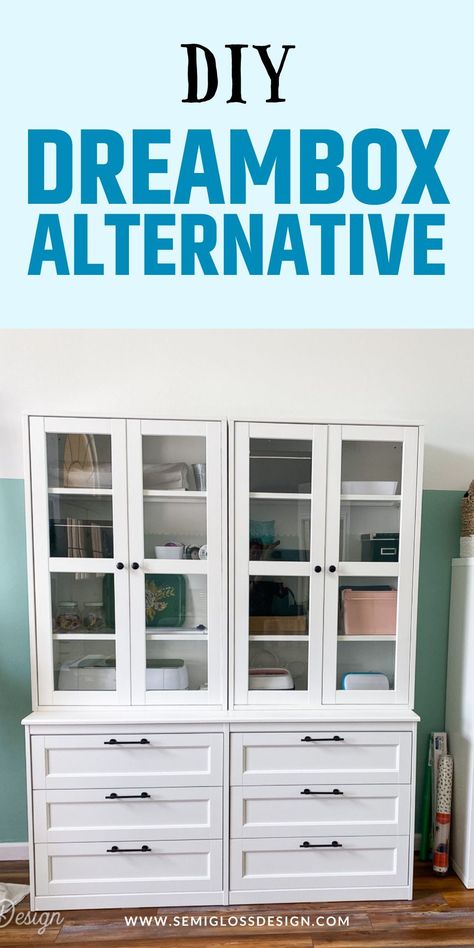 Organize your craft supplies without spending a ton of money on a dreambox. This IKEA hack is more affordable and can hold a ton of craft supplies. Get more information on why I chose to make a craft cabinet instead of buying the pricey one. Storage Ideas For Arts And Crafts, Craft Desk Cabinet, Armoire Craft Cabinet Diy Cricut, Ikea Craft Room Storage Cabinets, Floor To Ceiling Craft Storage, Sewing Storage Cabinet, Ikea Craft Storage Ideas, Diy Dreambox Ikea Hack, Dream Box Hack