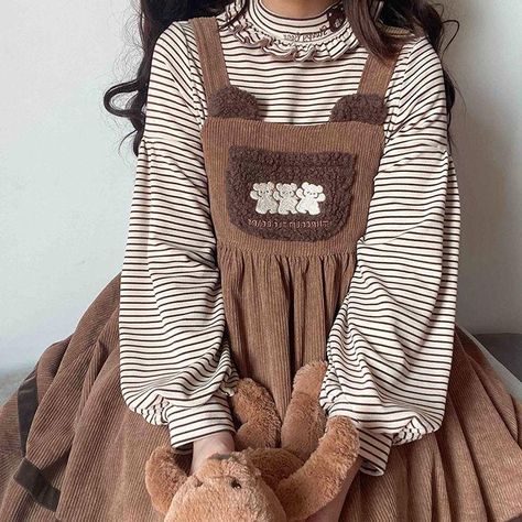 Beige Aesthetics, Vintage Kawaii, Kawaii Bear, Bear Embroidery, Kawaii Dress, Embroidered Collars, Bear Shirt, Girls Stripes, Corduroy Dress