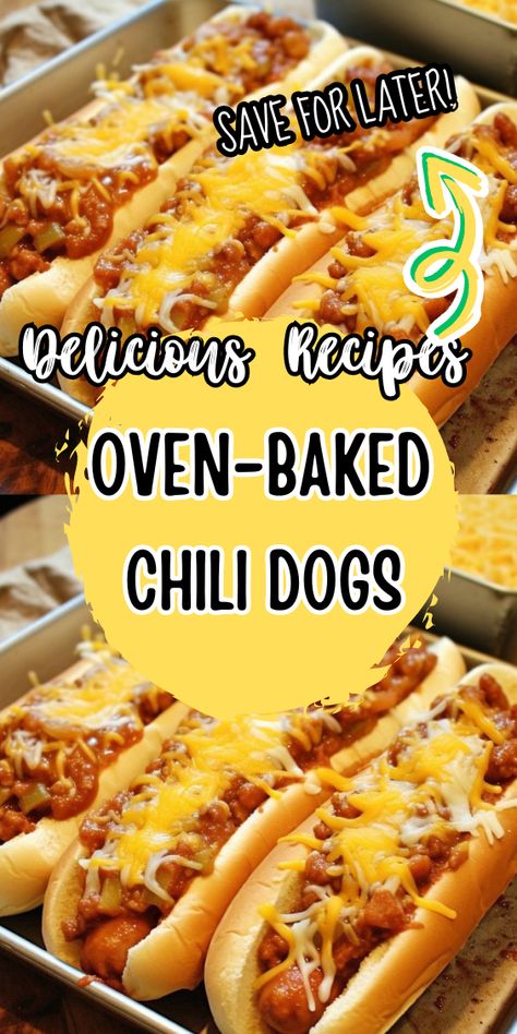 Oven-Baked Chili Dogs Oven Baked Chili Dogs, Hot Dogs In The Oven, Baked Chili Dogs, Oven Hot Dogs, Chili Cheese Dog Recipe, Chili Cheese Dog Bake, Chilli Cheese Dogs, Chili Dog Bake, Baked Chili Cheese Dogs