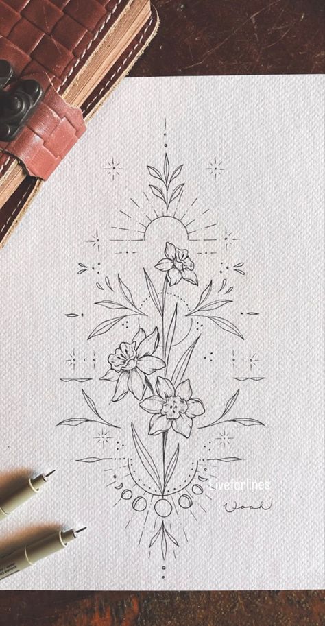 Daffodil Tattoo, Spine Tattoos For Women, Line Art Tattoos, Discreet Tattoos, Dainty Tattoos, Spine Tattoos, Elegant Tattoos, Feminine Tattoos, Dope Tattoos