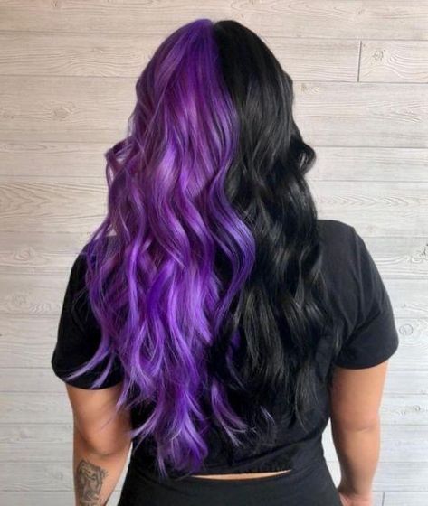 Split Black And Purple Hair, Hair Colour Ideas Split Dye, Split Dyed Hair Purple And Black, Half Black Half Purple Hair Split, 2 Tone Purple Hair, Split Purple Hair, Purple Hair With Layers, Purple Hair With Black Tips, Purple Hair With Black Highlights