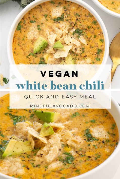 Bold, rich and creamy vegan white bean chili is quick and easy to make as a deliciously satisfying dinner any night of the week. This no-fail one pot recipe is made entirely with wholesome plant-based ingredients for a warm and hearty meal that's ready in only 30 minutes! | mindful avocado Vegan White Bean Chili Recipe, Vegan White Bean Chili, White Bean Chili Recipe, White Chili Recipe, White Bean Recipes, White Bean Chili, Bean Chili Recipe, Plant Based Soups, Green Chiles