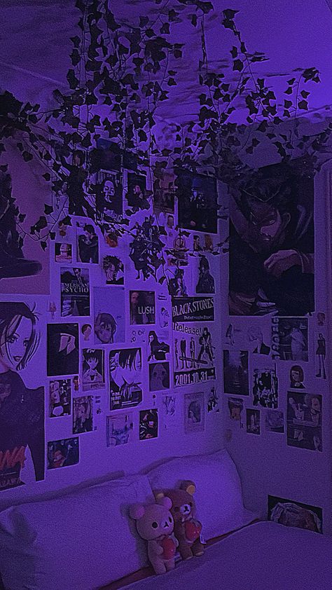 #room #manga #posters #roominspo #nana #anime #aot Cool Anime Posters For Room, Room Ideas Aesthetic Anime Dark, Nana Anime Room Decor, Anime Walls Room, Anime Aesthetic Bedroom Ideas, Purple Wall Room Ideas Bedrooms, Oppo Drifting Home, Anime Themed Room Aesthetic, Anime Style Room Ideas