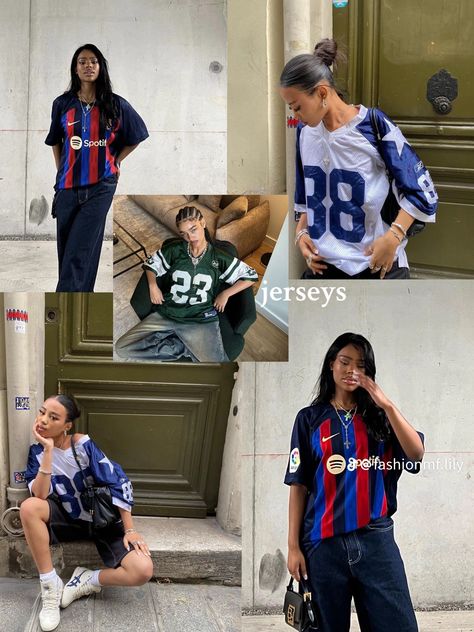 Jerseys Outfits Women, Sports Jersey Aesthetic, Football Jersey And Skirt Outfit, Winter Jersey Outfit, Football Jersey Outfit Aesthetic, Jersey Shirt Outfit Women, Jersey Outfit Women Football, Football Tshirt Outfits, How To Style A Jersey