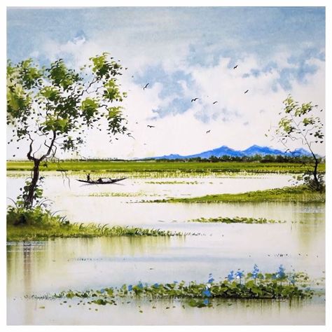 Ska, Village Scenery Drawing Pencil, Watercolor Art Landscape Village, Scenery Drawing Watercolor, Tree Oil Pastel, Pastel Colour Drawing, Village Scenery Drawing, Watercolor Scenery Painting, Indian Landscape