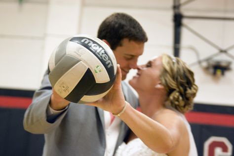 We play sand and indoor volleyball together so we incorporated that on our wedding day.  We unfortunately could not locate a "Wilson" ball which would have been awesome. Volleyball Wedding, Indoor Volleyball, Play Sand, Our Wedding Day, Fun Wedding, Volleyball, Photo Shoot, Our Wedding, Wedding Day