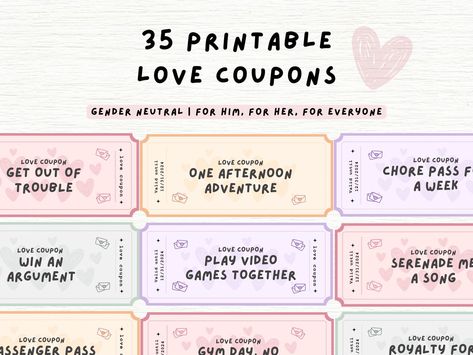 This Love Coupon Book is a perfect gift for your significant other on Valentine's Day or any anniversary. It features, 1 cover page and 35 printable vouchers that can be redeemed for various romantic gestures, activities and surprises. Also, there are blank coupons for you to print and write your own coupons.❓#LoveStory #RomanticEncounters #HeartfeltConnections #DateNightIdeas #SoulmateSearch #FlirtyFridays #CandlelitDinners #StarryEyedMoments #LoveQuotes #DreamyDates #WhisperedPromises #AmourAdventures Couple Vouchers Love Coupons, Love Cupones For Him, Love Vouchers For Him, Coupon Book For Girlfriend, Love Cupones For Boyfriend, Couples Coupons For Him, Ticket For Boyfriend Love Coupons, Cute Coupons For Boyfriend, Homemade Coupons For Boyfriend