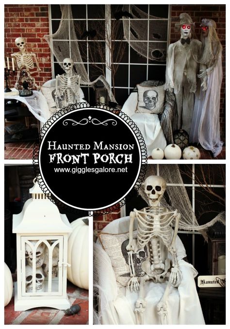 halloween-haunted-mansion-front-porch_giggles-galore Halloween Ideas Decorations, Halloween Haunted Mansion, Haunted Mansion Decor, Porch Halloween, Front Porch Planters, Haunted Mansion Halloween, Halloween Mantle, Halloween Matching, Porch Planters