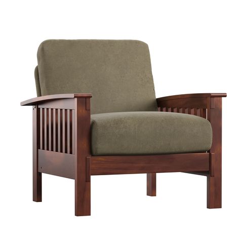 Add timeless style and extra seating to your home with the Mission-style Hills accent chair by iNSPIRE Q Classic. Crafted from sturdy rubberwood and featuring a rich oak finish, this chair exudes rustic charm that complements any décor. Wood Accent Chair, Mission Chair, Wooden Sofa Set Designs, Wooden Sofa Set, Classic Bed, Sofa Set Designs, Wood Accent, Wooden Sofa, Mission Style