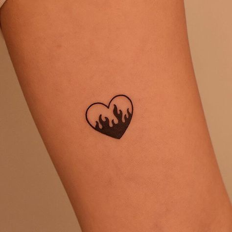 Small Heart Tattoo Men, Fire And Heart Tattoo, Emoji Heart Tattoo, Fiery Heart Tattoo, Orange Heart Tattoo, Cracked Heart Tattoo, Melting Heart Tattoo, Devil Tattoo For Women, Simple Flame Tattoo