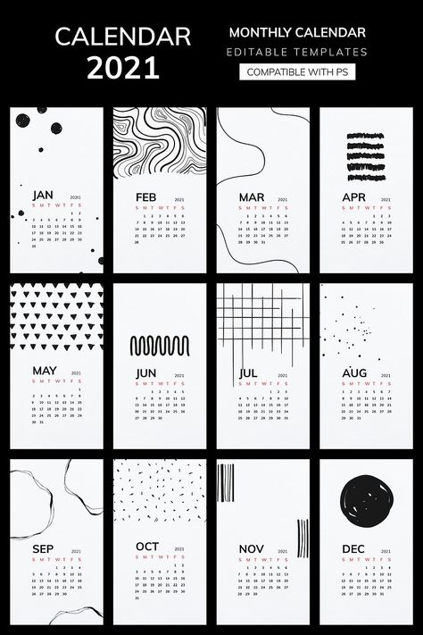 Graphic Design Calendar, Abstract Calendar, Black And White Calendar, Calendar Design Layout, Calendar Design Inspiration, Black Calendar, Minimal Calendar, Design Calendar, Calendar Design Template