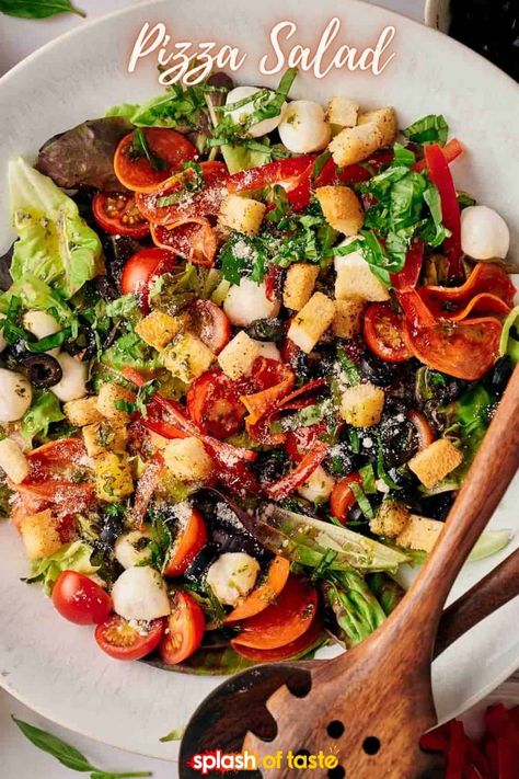 Pizza Salad Katie Lee, Hearty Salads Meals Dinners, Salad Pizza Recipes, Salad For Pizza Night, Pizza Salad Recipe, Pizza Night Salad, Salad To Go With Pizza, Salad For Pizza, Whimsical Recipes