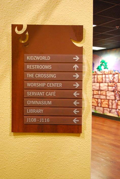 Their wayfinding signage complements their vision statement wall design. Church Lobby Design, Church Welcome Center, School Signage, Church Foyer, Church Lobby, Church Branding, Church Marketing, Church Interior Design, Directional Signage