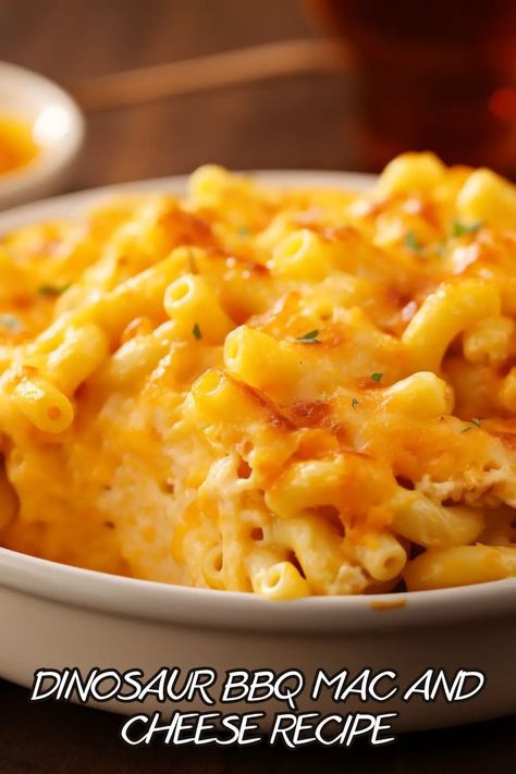 Dinosaur BBQ Mac And Cheese Recipe Dinosaur Bbq Mac And Cheese, Dinosaur Mac And Cheese, Bbq Mac And Cheese Recipe, Bbq Mac And Cheese, Dinosaur Bbq, Cheesy Macaroni, Colby Cheese, Mac And Cheese Recipe, 9x13 Baking Dish