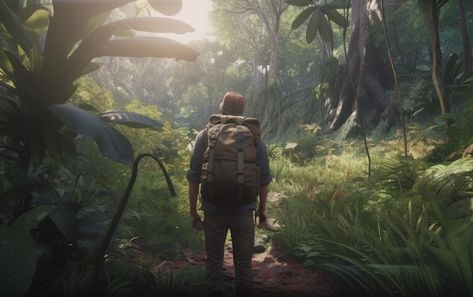 Photo a man with a backpack walks throug... | Premium Photo #Freepik #photo #videogame #game #game-illustration #gaming Jungle Images, Game Illustration, Unreal Engine, Outdoor Hiking, Outdoor Adventure, Premium Photo, Walk On, A Man, Gaming